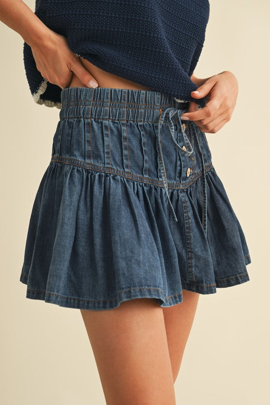 PINTUCK FLARED DENIM MINI SKIRT - DENIM