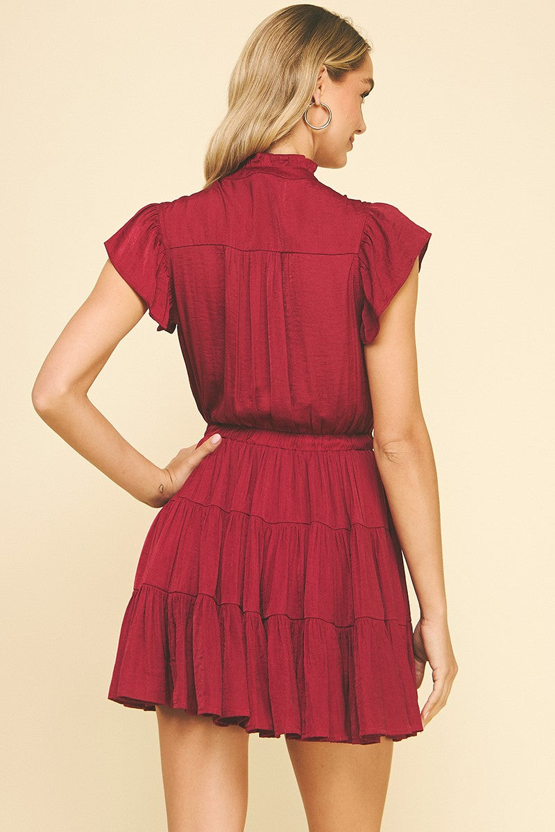 BUTTON DOWN TIERED MINI DRESS - BERRY