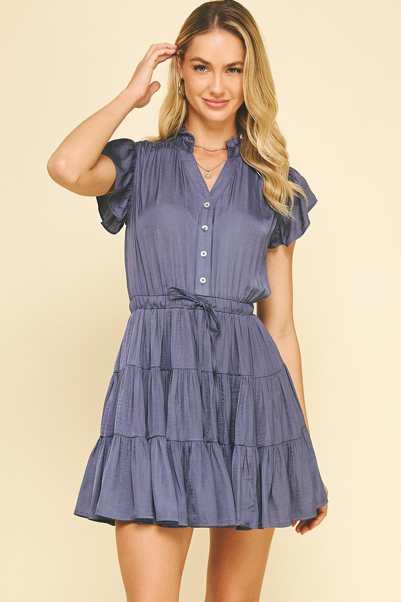 BUTTON DOWN TIERED MINI DRESS - DEEP NAVY