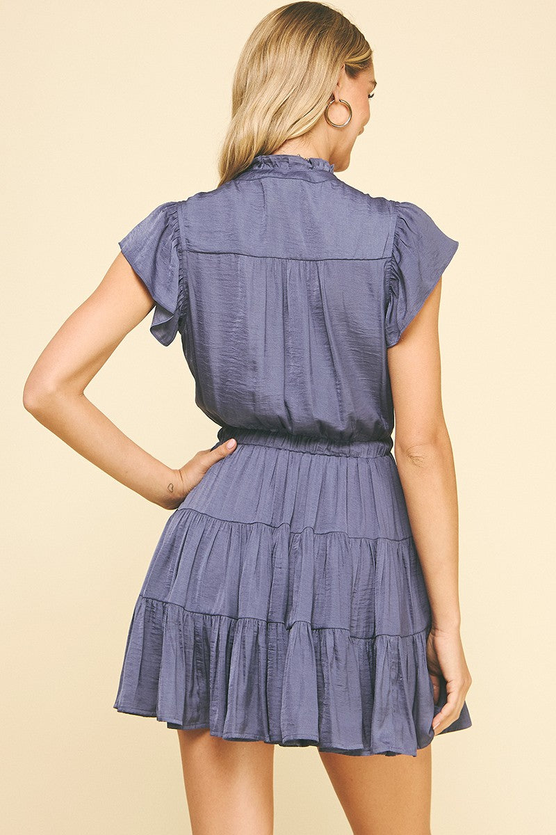 BUTTON DOWN TIERED MINI DRESS - DEEP NAVY