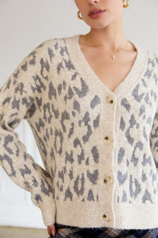BUTTON FRONT LEOPARD CARDIGAN - BEIGE