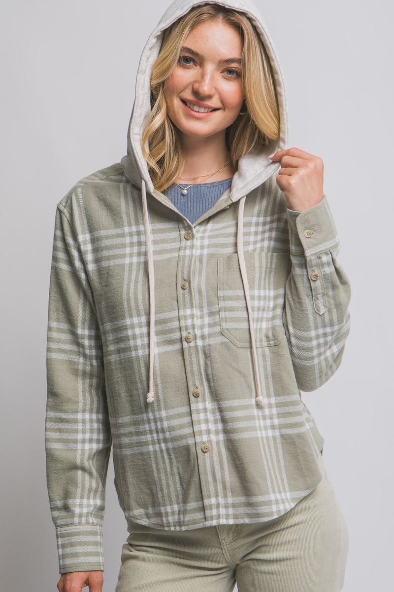 HOODED FLANNEL SHIRT - OLIVE STONE