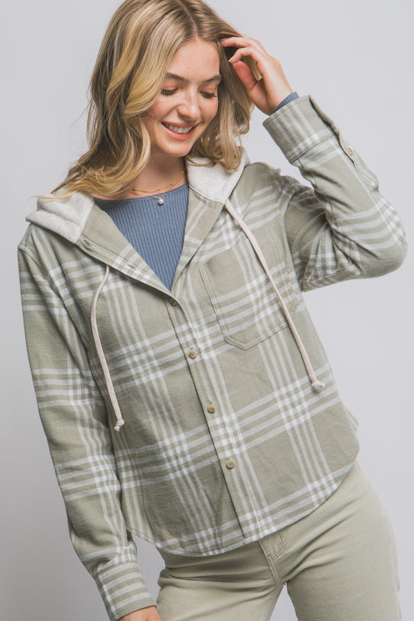 HOODED FLANNEL SHIRT - OLIVE STONE