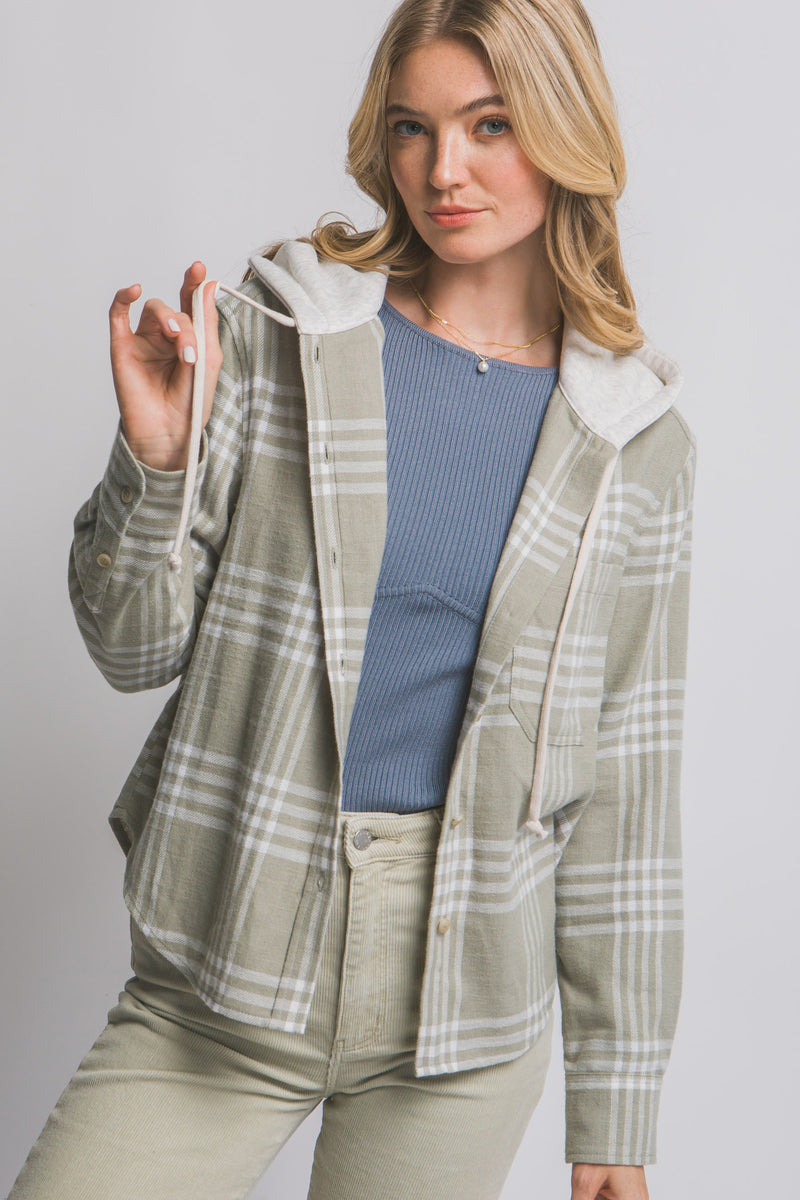 HOODED FLANNEL SHIRT - OLIVE STONE