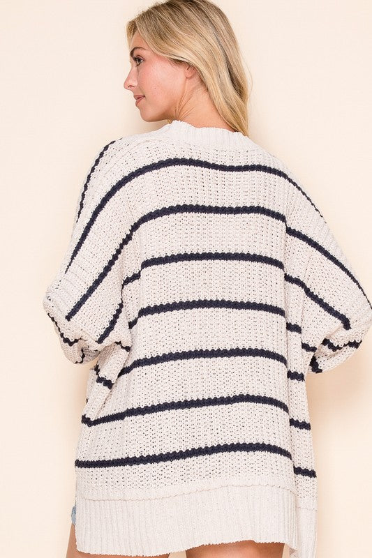 STRIPED CHENILLE CARDIGAN - BEIGE/NAVY