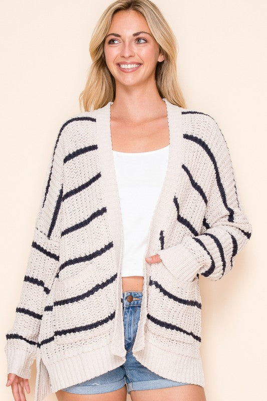 STRIPED CHENILLE CARDIGAN - BEIGE/NAVY