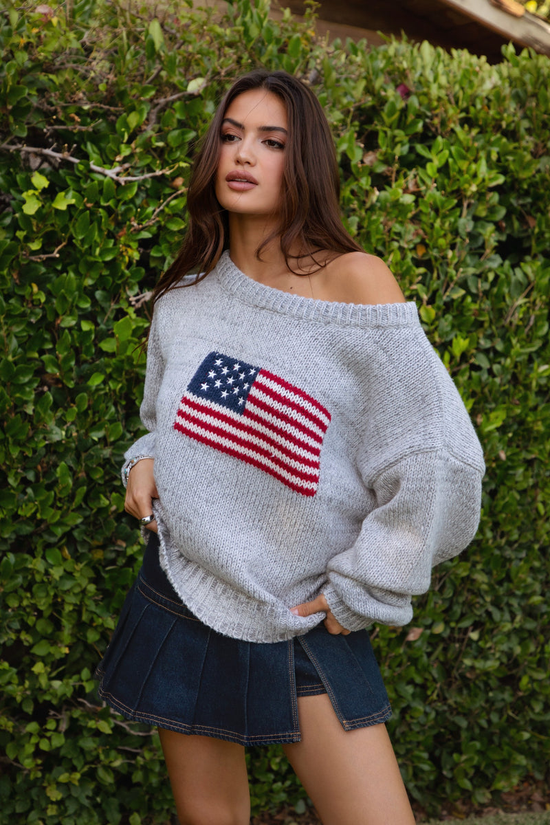 RIBBED AMERICAN FLAG SWEATER - MARLED GREY