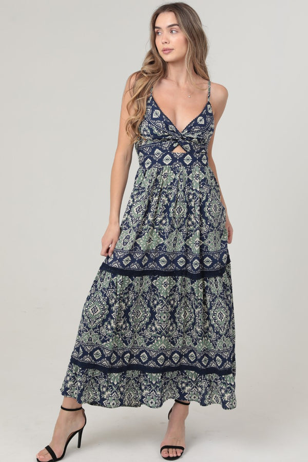 CUT OUT FLORAL MAXI DRESS - NAVY/GREEN