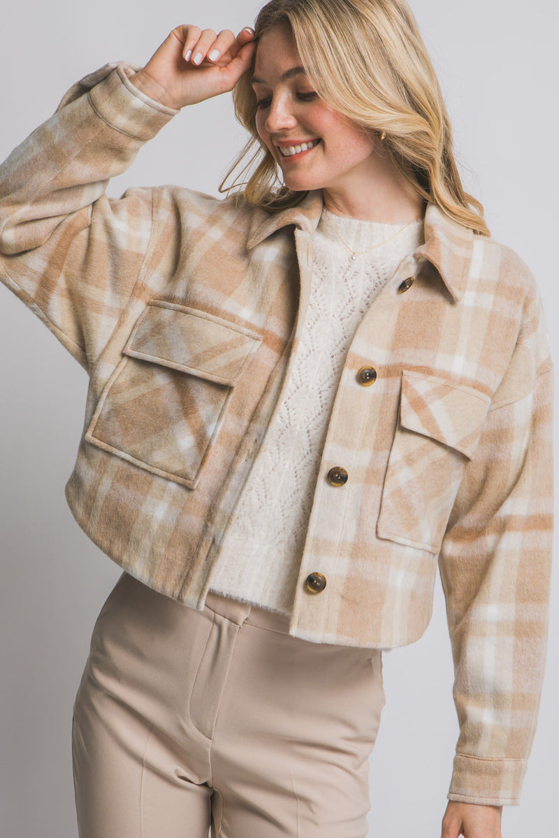 CROPPED PLAID JACKET - KHAKI