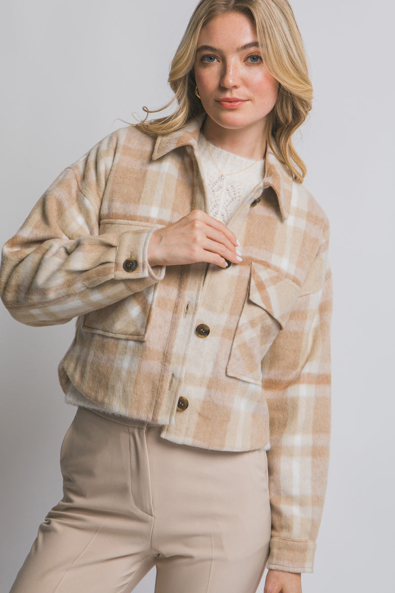 CROPPED PLAID JACKET - KHAKI