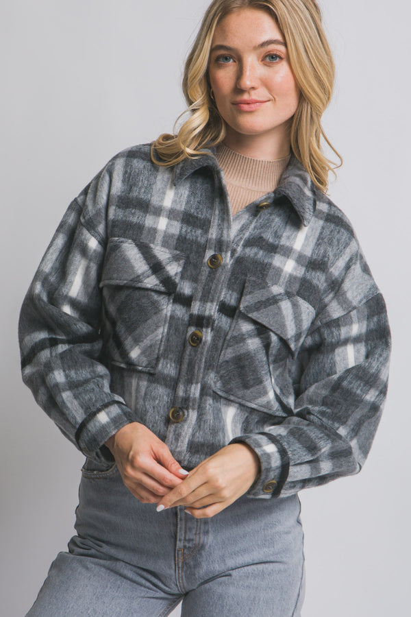CROPPED PLAID JACKET - CHARCOAL
