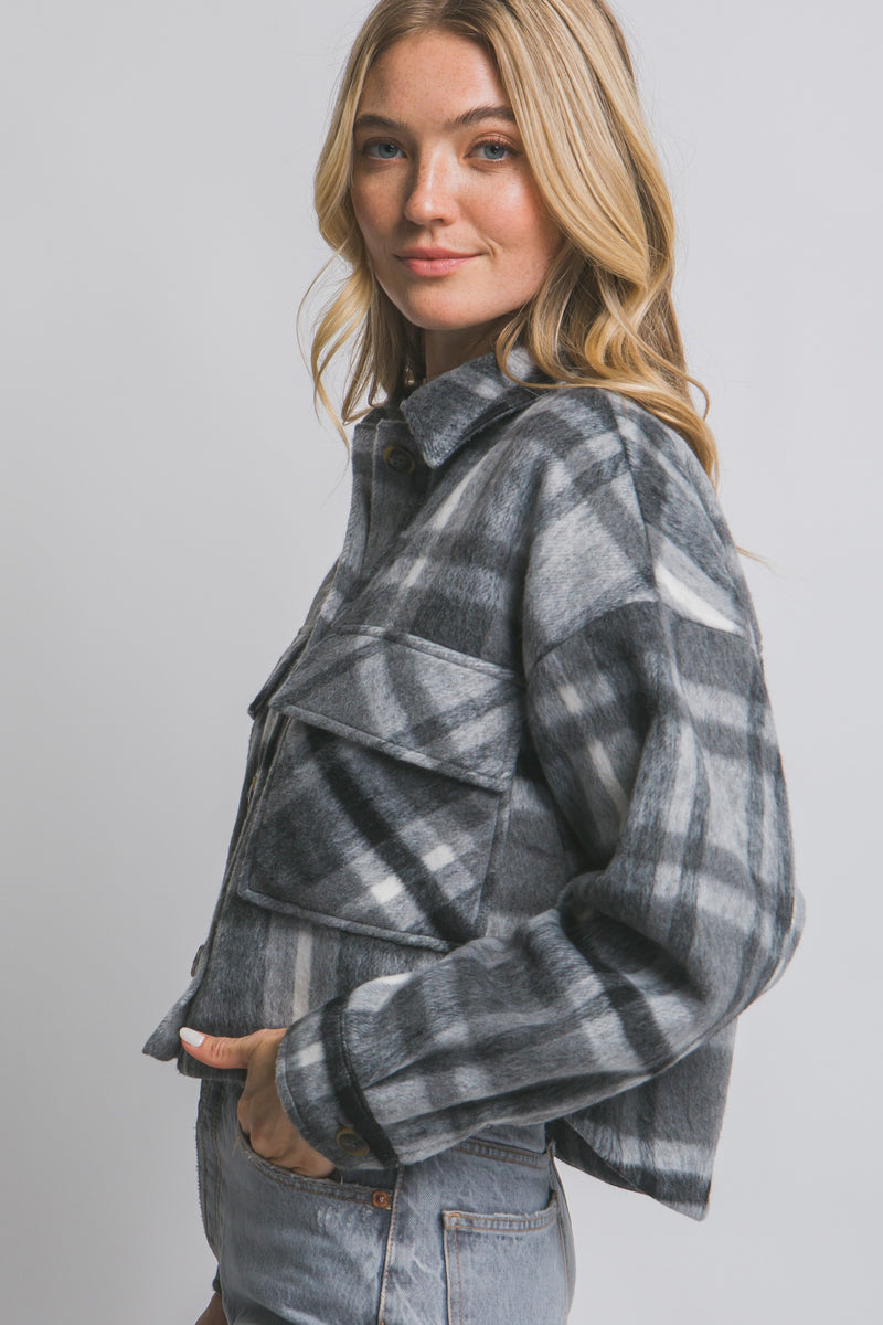 CROPPED PLAID JACKET - CHARCOAL