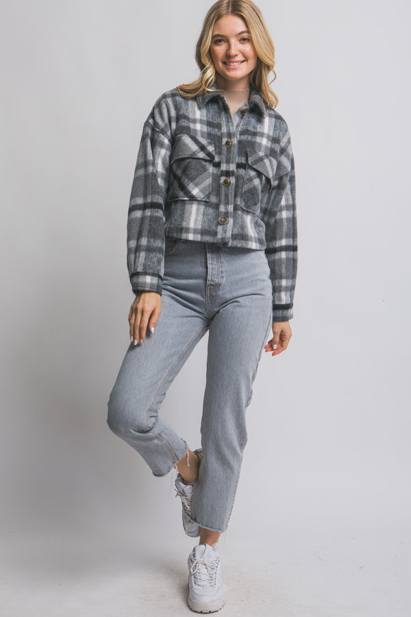 CROPPED PLAID JACKET - CHARCOAL