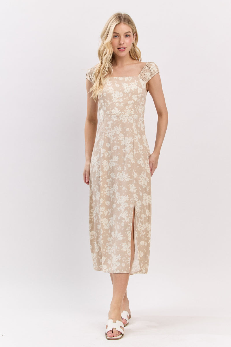FLORAL MIDI DRESS - TAUPE/WHITE