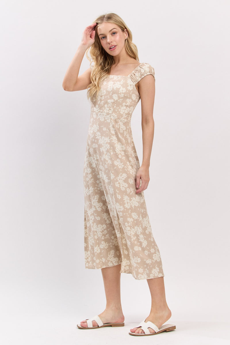 FLORAL MIDI DRESS - TAUPE/WHITE