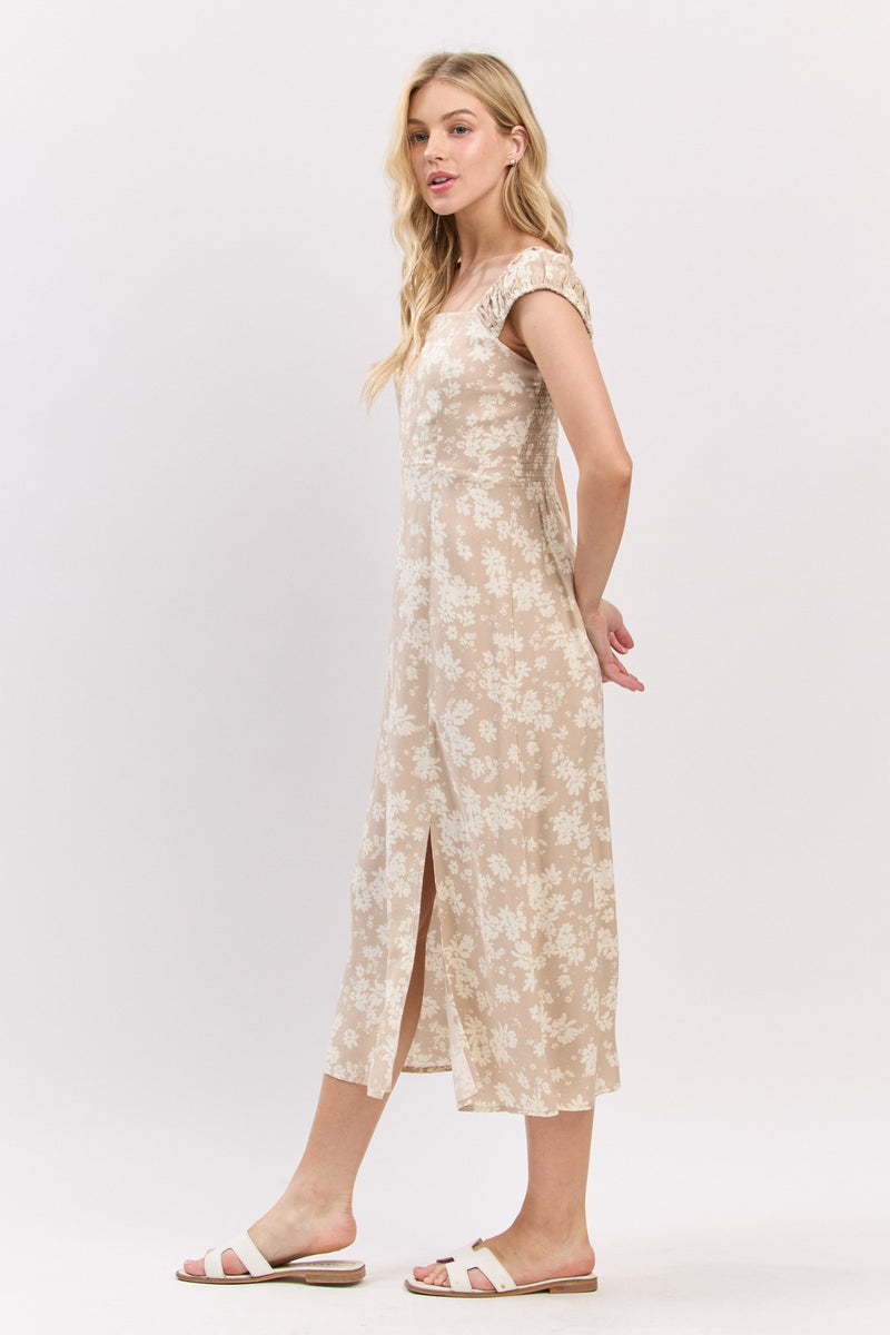 FLORAL MIDI DRESS - TAUPE/WHITE