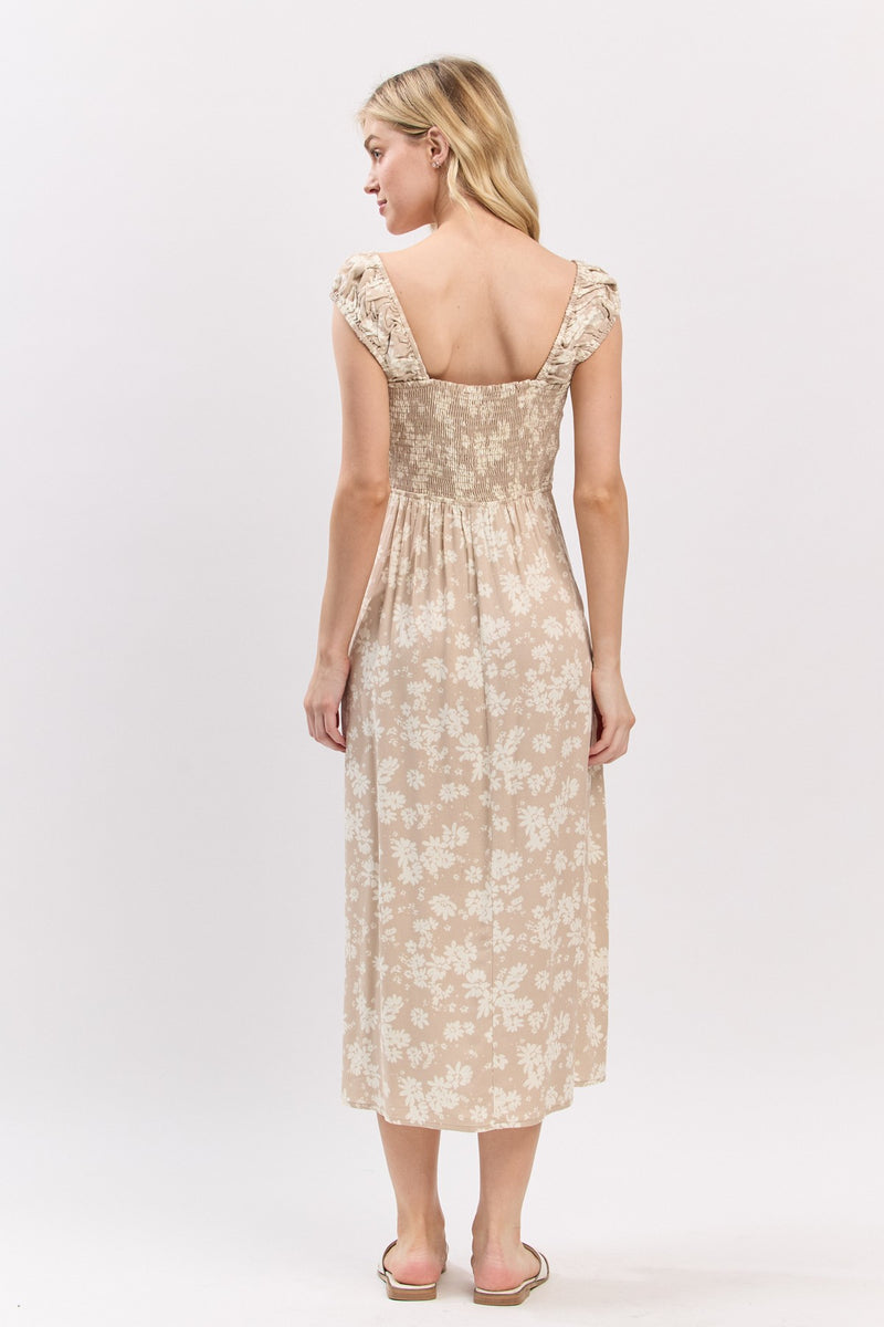 FLORAL MIDI DRESS - TAUPE/WHITE