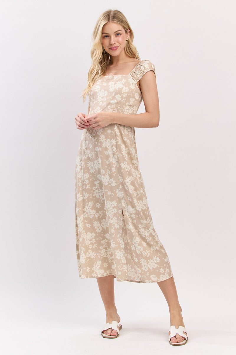 FLORAL MIDI DRESS - TAUPE/WHITE