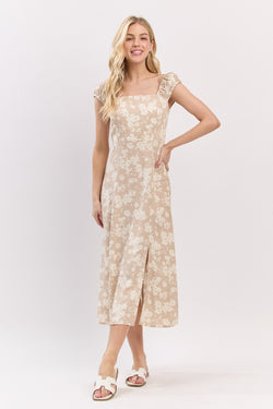 FLORAL MIDI DRESS - TAUPE/WHITE