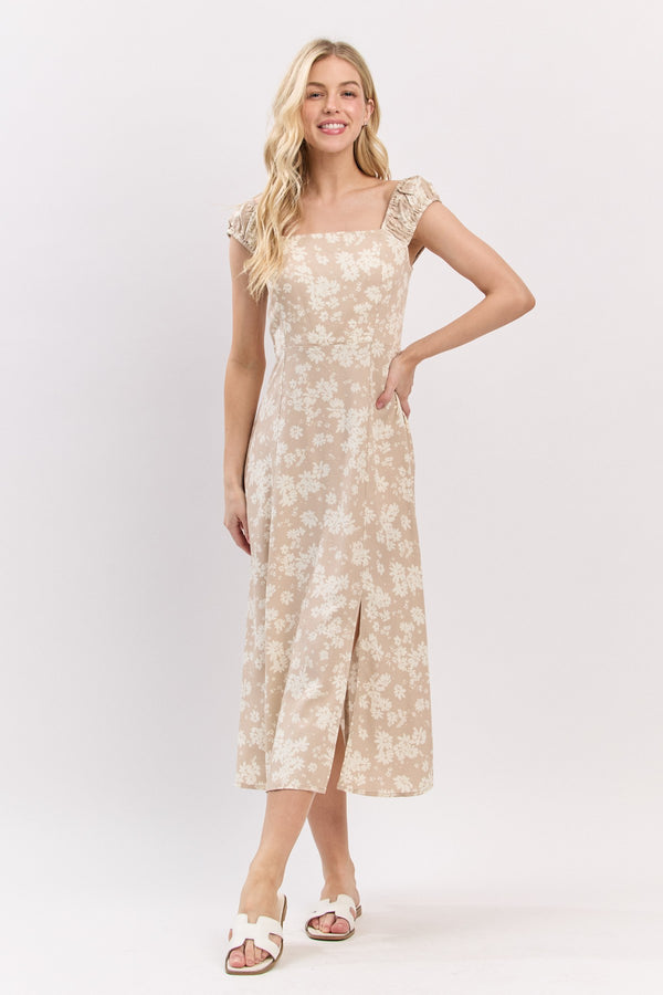 FLORAL MIDI DRESS - TAUPE/WHITE
