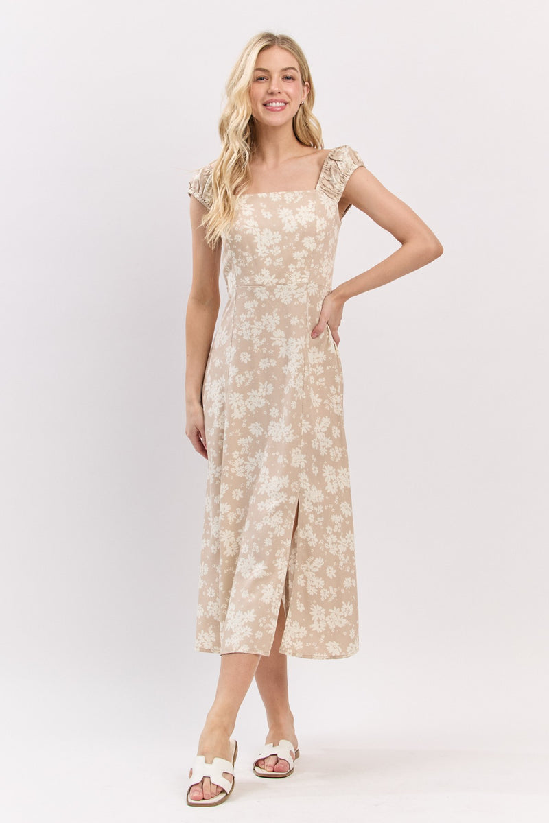 FLORAL MIDI DRESS - TAUPE/WHITE