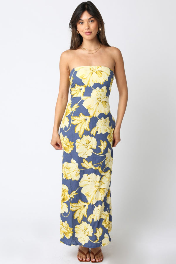 FLORAL PRINT STRAPLESS DRESS - DENIM BLUE/GOLD