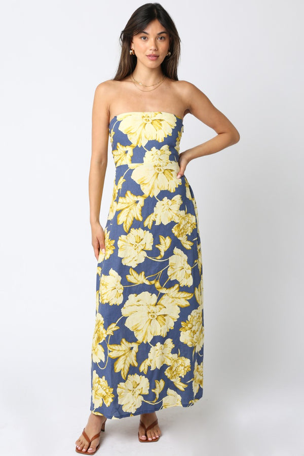 FLORAL PRINT STRAPLESS DRESS - DENIM BLUE/GOLD