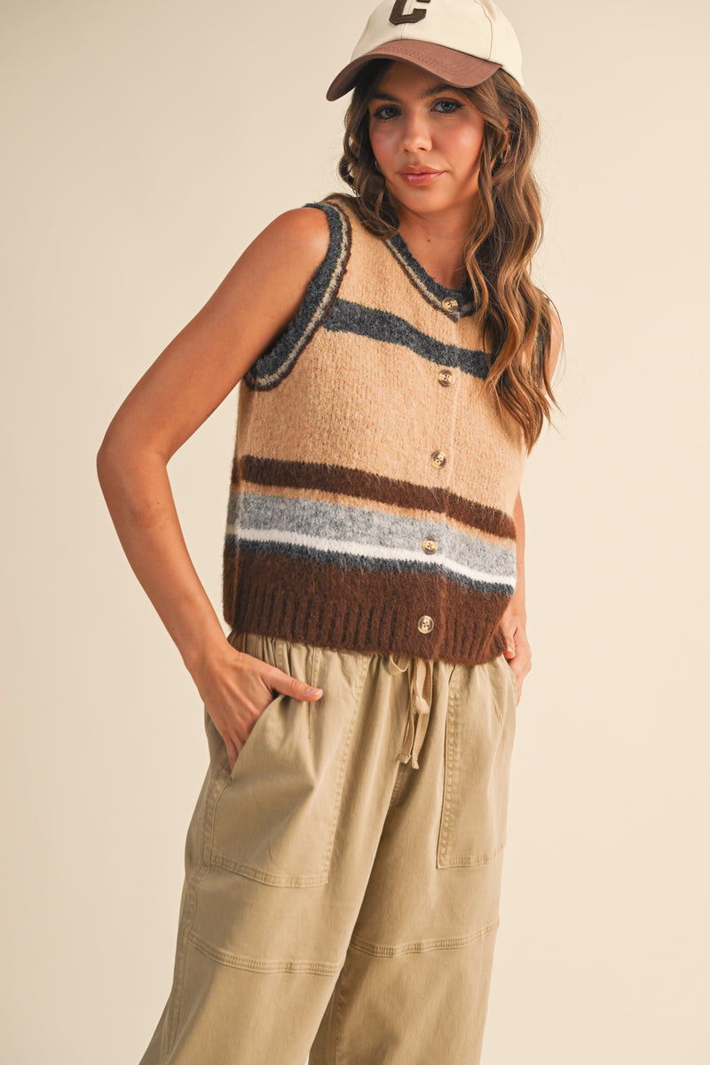 WOOL BLEND STRIPED SWEATER VEST - BROWN MULTI