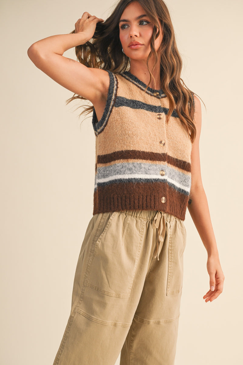 WOOL BLEND STRIPED SWEATER VEST - BROWN MULTI