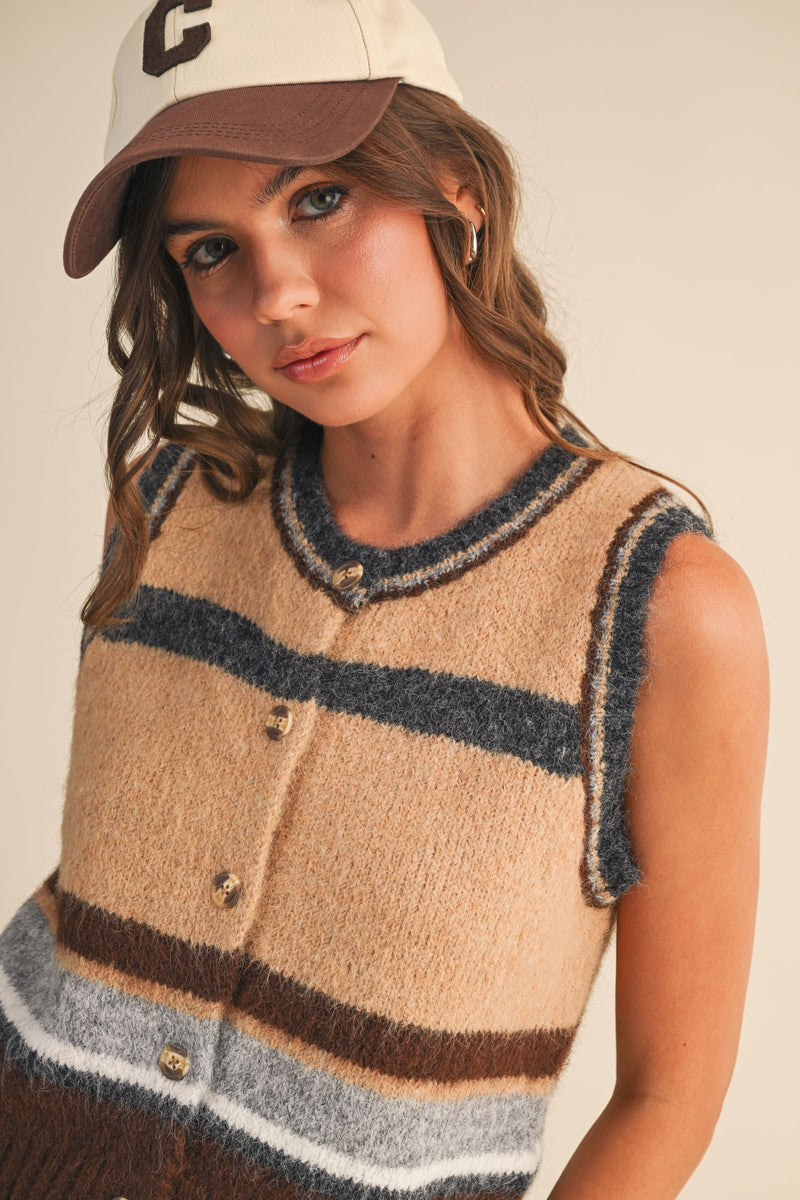 WOOL BLEND STRIPED SWEATER VEST - BROWN MULTI