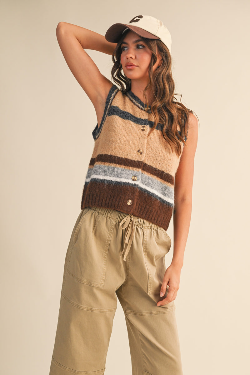 WOOL BLEND STRIPED SWEATER VEST - BROWN MULTI