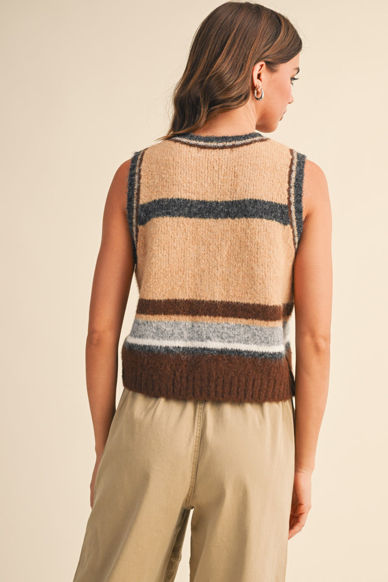 WOOL BLEND STRIPED SWEATER VEST - BROWN MULTI