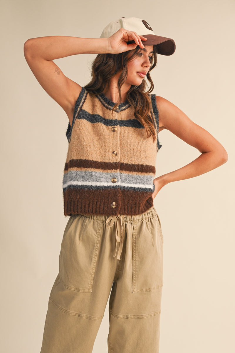 WOOL BLEND STRIPED SWEATER VEST - BROWN MULTI