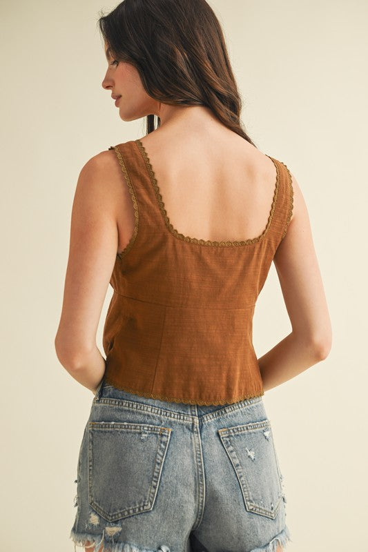 SCALLOP TRIM TIE FRONT TOP - GINGER