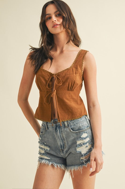 SCALLOP TRIM TIE FRONT TOP - GINGER