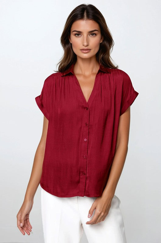 SHORT SLEEVE BUTTON FRONT BLOUSE - CRIMSON RED