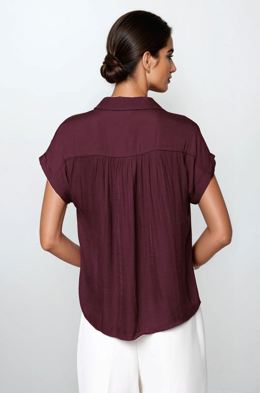 SHORT SLEEVE BUTTON FRONT BLOUSE - WINE