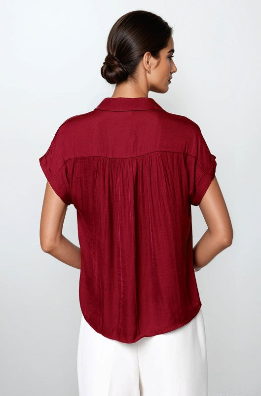 SHORT SLEEVE BUTTON FRONT BLOUSE - CRIMSON RED