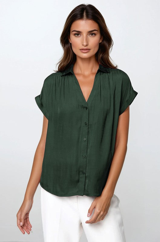 SHORT SLEEVE BUTTON FRONT BLOUSE - FOREST GREEN