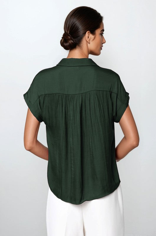 SHORT SLEEVE BUTTON FRONT BLOUSE - FOREST GREEN