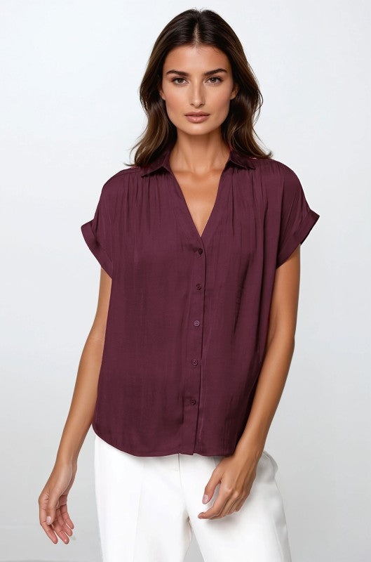 SHORT SLEEVE BUTTON FRONT BLOUSE - WINE