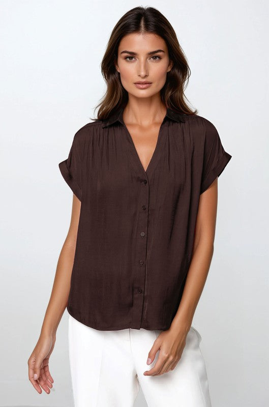 SHORT SLEEVE BUTTON FRONT BLOUSE - CHOCOLATE