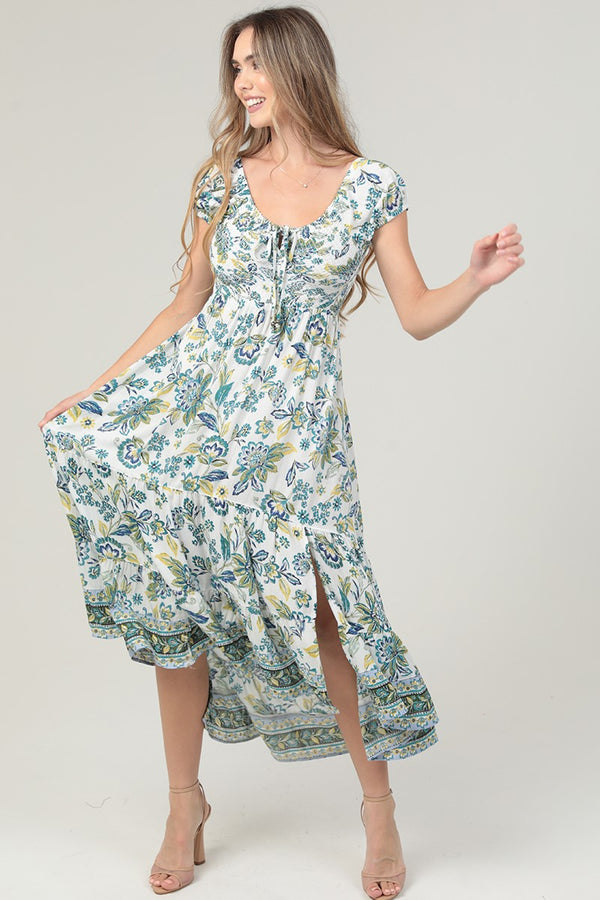 CROSS BACK MAXI DRESS - IVORY/BLUE
