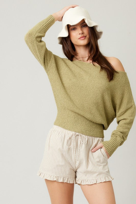 KNIT OFF SHOULDER SWEATER - OLIVE