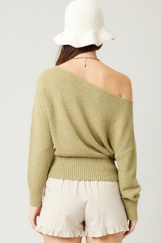 KNIT OFF SHOULDER SWEATER - OLIVE