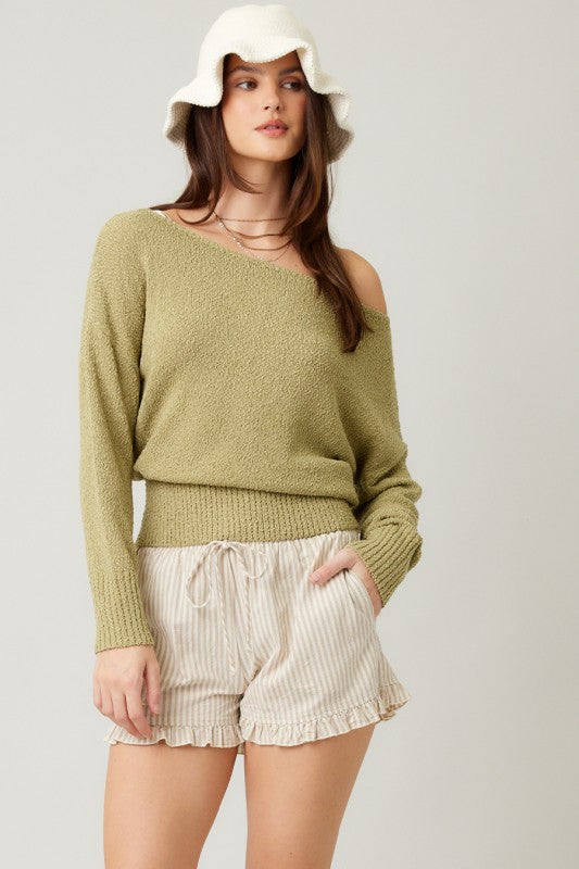 KNIT OFF SHOULDER SWEATER - OLIVE