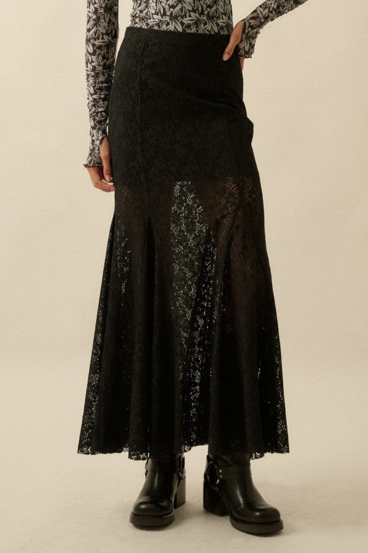 FLORAL LACE FITTED MERMAID SKIRT - BLACK