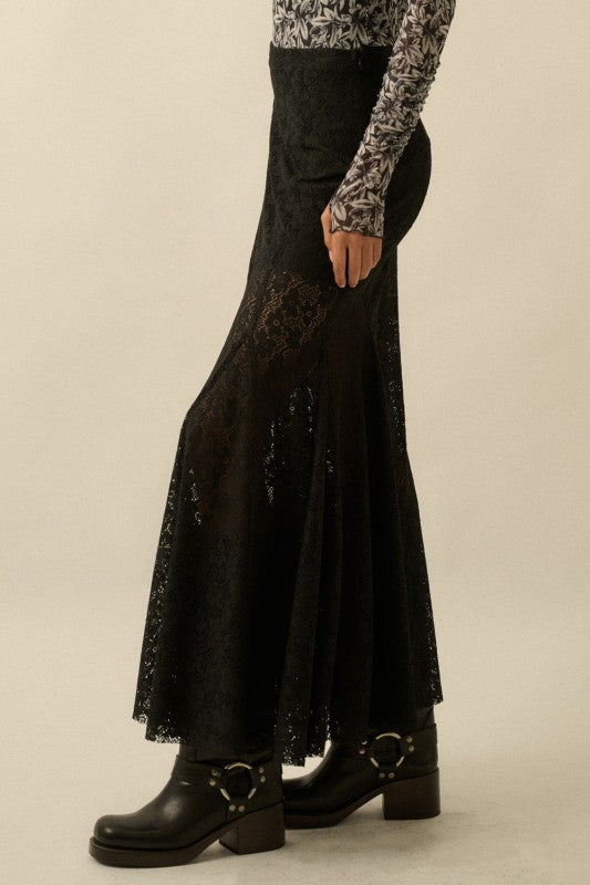 FLORAL LACE FITTED MERMAID SKIRT - BLACK