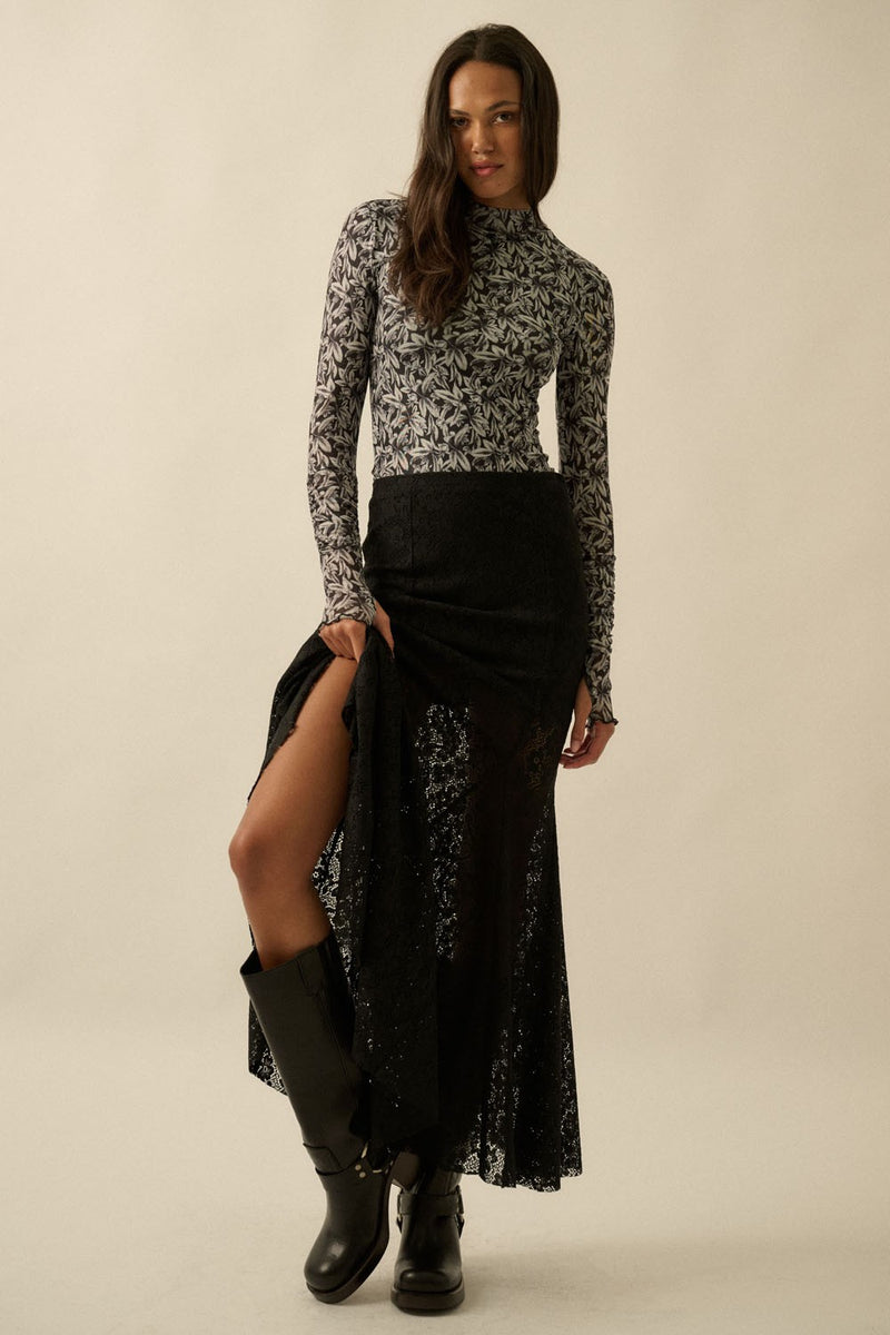 FLORAL LACE FITTED MERMAID SKIRT - BLACK