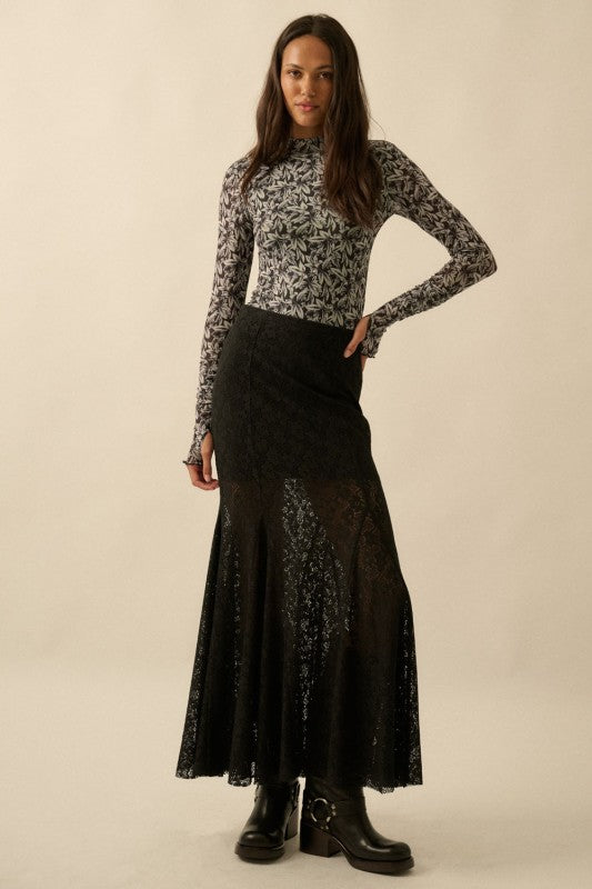 FLORAL LACE FITTED MERMAID SKIRT - BLACK